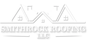 Smithrock Roofing LLC logo featuring stylized rooftops with chimneys and arched windows