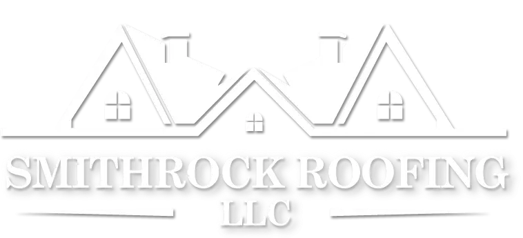 Smithrock Roofing LLC logo featuring stylized rooftops with chimneys and arched windows