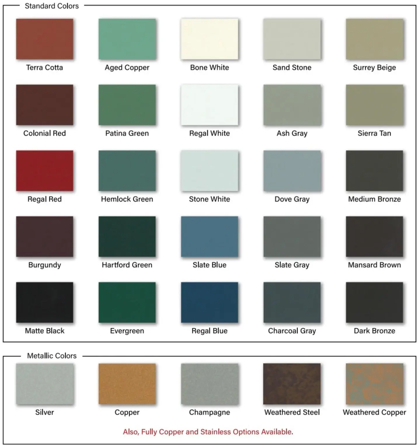 Color swatches of standard and metallic chimney cap finishes including Terra Cotta, Matte Black, and Copper