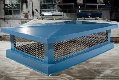 Flat top chimney cap with metal mesh sides for ventilation