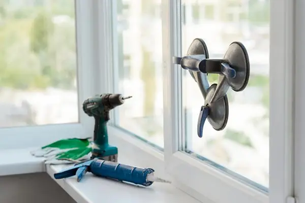 Window repair tools and suction cup handle on glass during residential window replacement