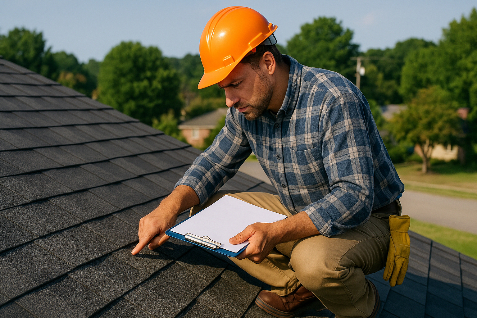 Roofer inspecting asphalt shingles for roof leaks in Winston-Salem neighborhood Roofer inspecting asphalt shingles for roof leaks in Winston-Salem neighborhood