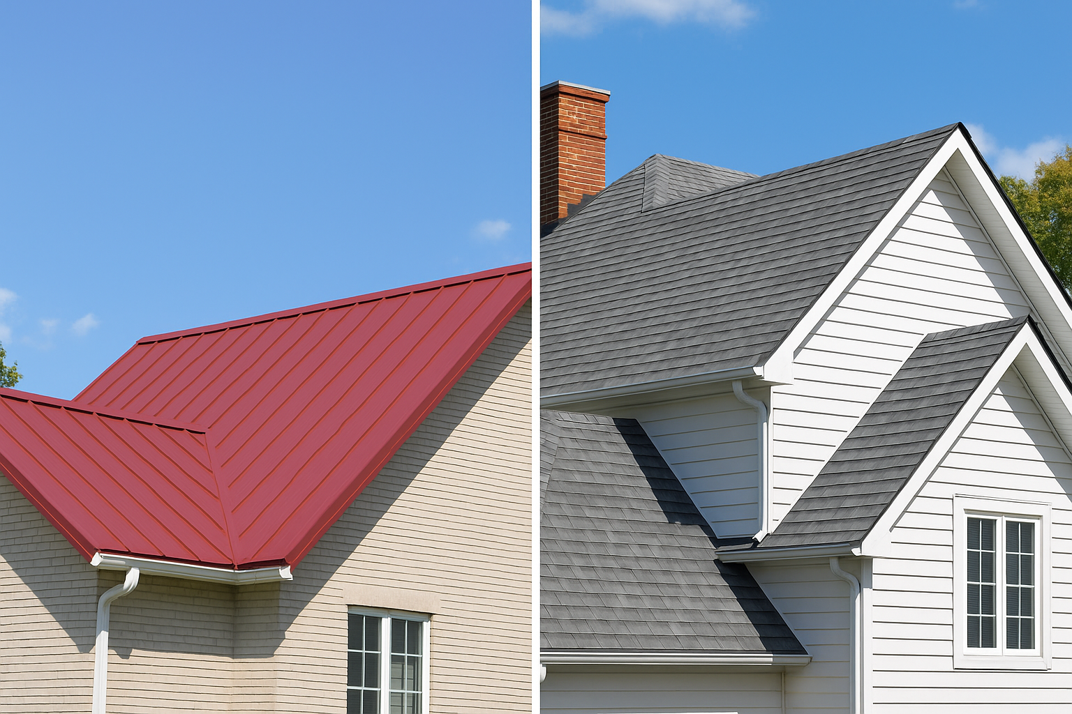Split image comparing metal roof and asphalt shingle roof in Winston-Salem