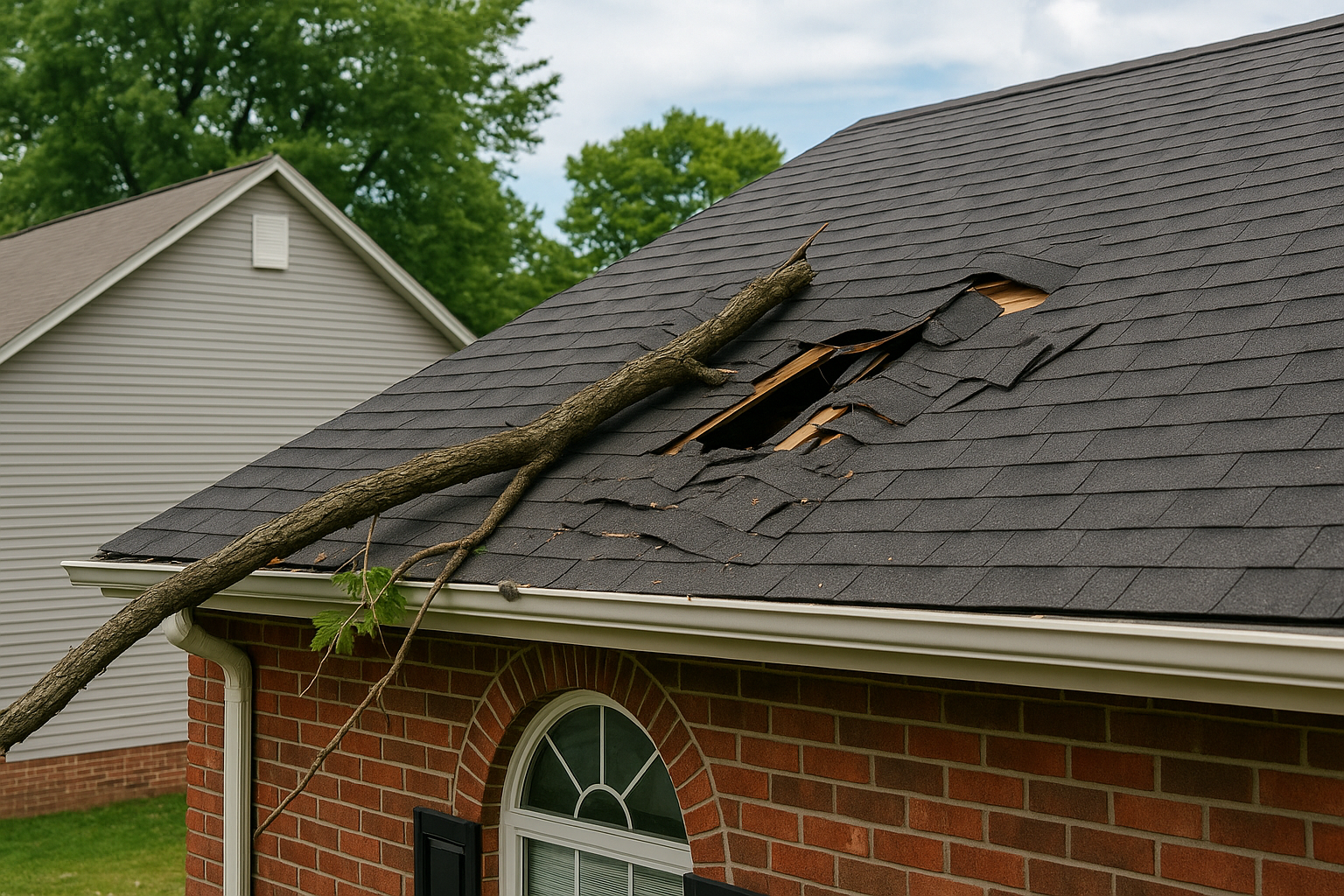 Roof in Winston-Salem damaged by fallen tree branch after a storm