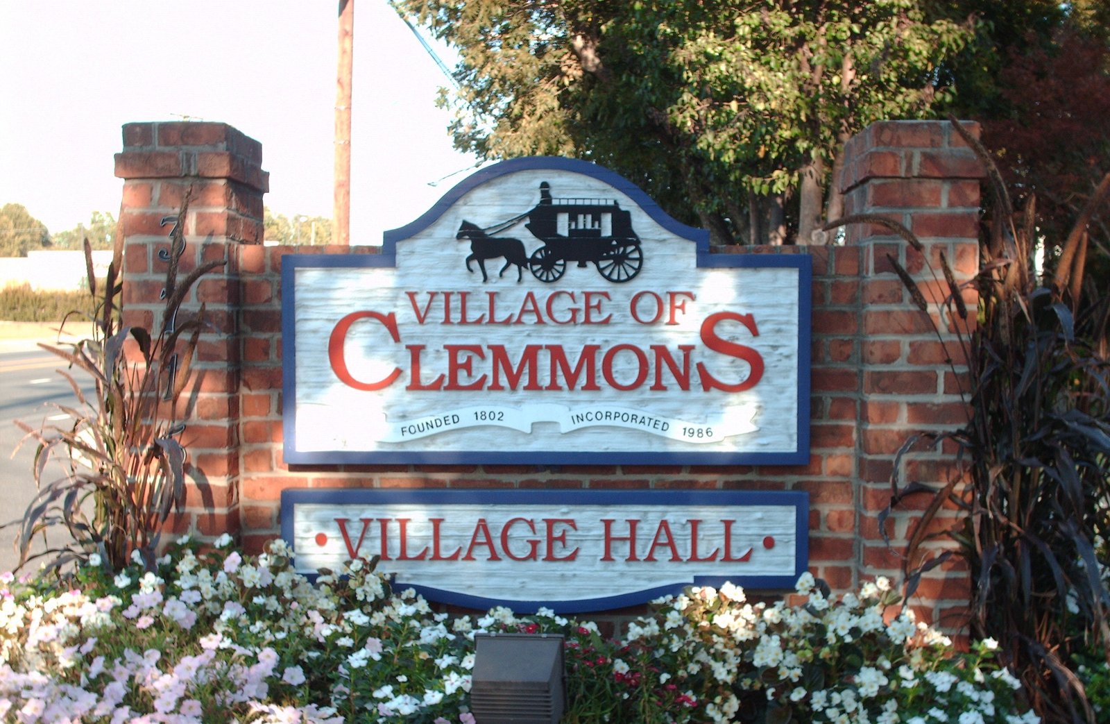 Village of Clemmons, NC Town Hall sign, representing the local service area for Smithrock Roofing