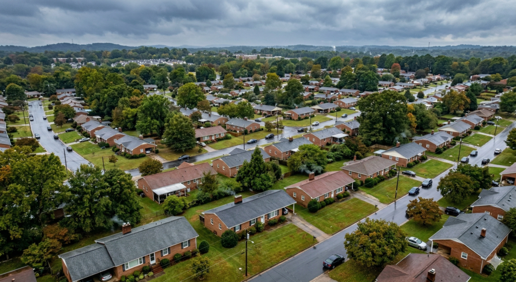 High-angle aerial view of a suburban neighborhood in Winston-Salem featuring rows of classic red brick ranch-style houses with wet roofs and slick asphalt streets immediately following a rainstorm under a heavy, overcast sky.