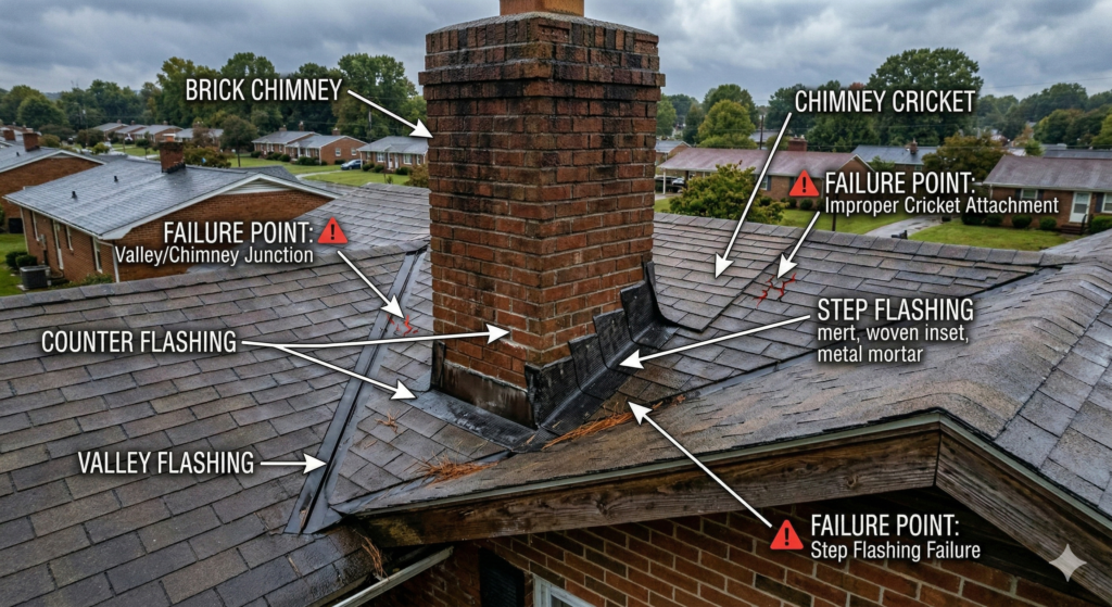 Annotated photograph of a brick chimney on a shingle roof showing a chimney cricket, step flashing, and valley flashing with labels identifying common roof leak failure points.