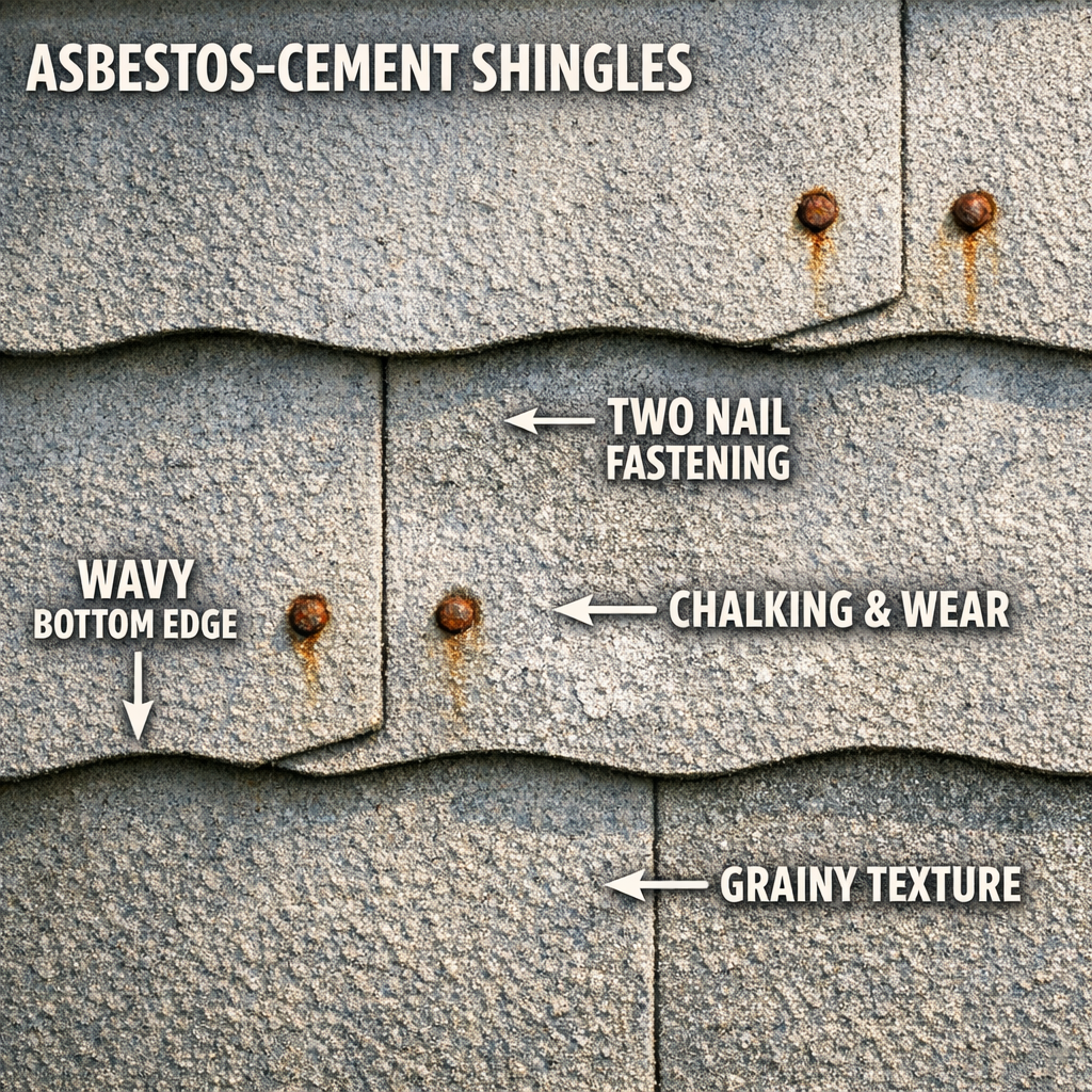 Close-up photograph of an older home's exterior showing original asbestos-cement shingles installed in horizontal lapped courses. The image should clearly show the characteristic wavy bottom edge, two-nail fastening pattern, surface chalking, and the granular matte texture of the shingles. Natural daylight lighting to show surface detail accurately.