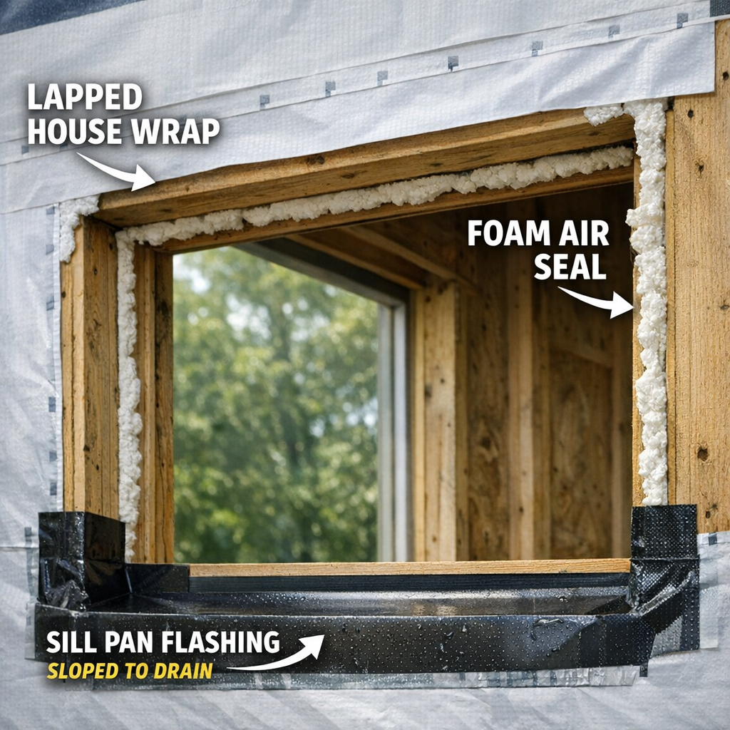 A close-up photograph of a properly installed window rough opening during a full-frame replacement, showing correctly lapped house wrap, visible sill pan flashing sloped toward the exterior, and careful foam air sealing around the window frame perimeter. The image should be well-lit and detail-oriented, emphasizing the craftsmanship of the installation components rather than the finished window.