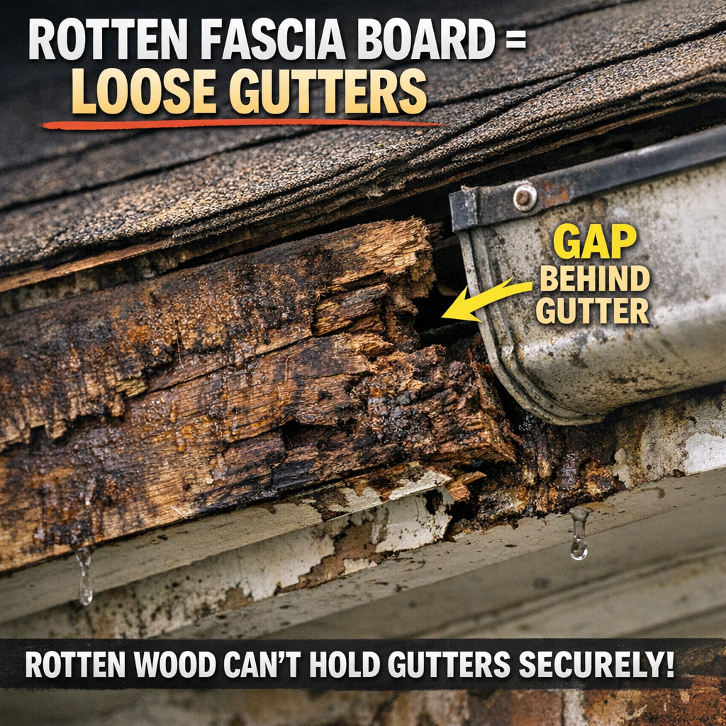 A close-up photograph of a deteriorated wooden fascia board along a roofline, showing visible rot and water staining adjacent to an old gutter section that has pulled slightly away from the house. The image should clearly show the gap between the gutter and the fascia to illustrate why board condition matters for secure gutter attachment.