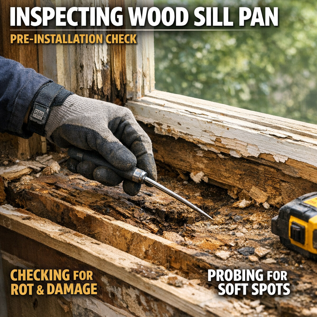 A close-up photograph of a contractor using a probe tool to assess the wood sill pan beneath an existing window frame during a pre-installation inspection, with the interior stool partially removed to expose the rough opening. Natural light should come from the window opening. The image should convey a thorough, methodical inspection process.