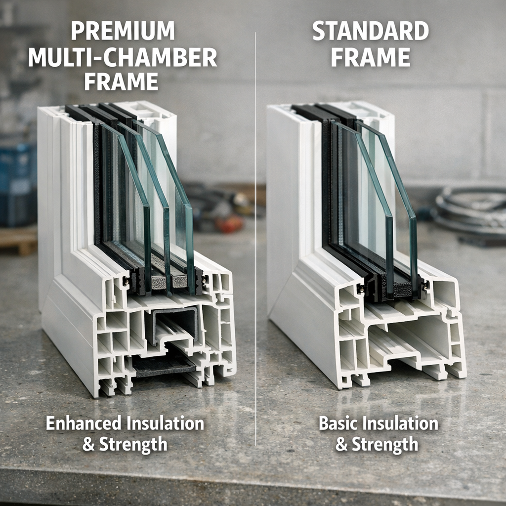 Close-up photograph of a vinyl window frame cross-section cut, showing the internal chamber construction, with a premium multi-chamber frame and a standard frame placed side by side for comparison. Natural lighting, clean workshop surface, no people in frame.