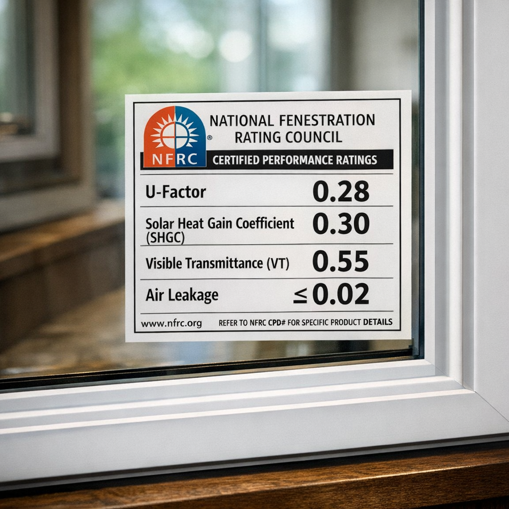 A close-up photograph of an NFRC (National Fenestration Rating Council) performance label on a window unit, with the U-factor, SHGC, VT, and air leakage values clearly visible. The image should be taken in a showroom or installation setting with natural light, conveying a professional and educational tone.