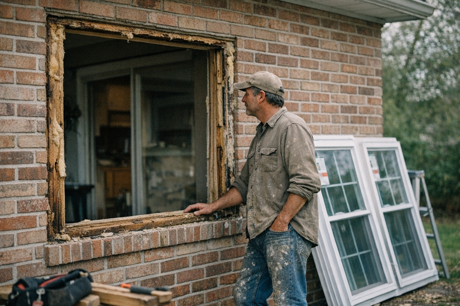 Infographic showing average cost to replace windows with pricing factors like frame material, window style, and installation type.