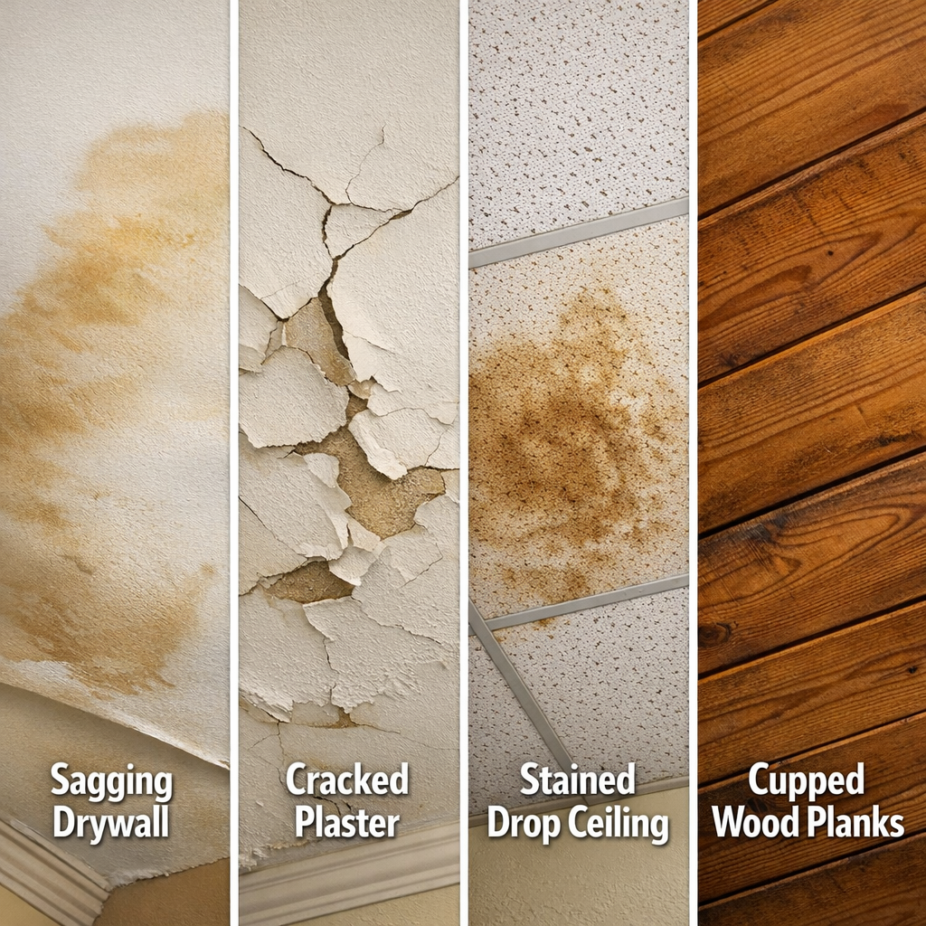 A close-up photograph showing four ceiling material types side by side in a single framed image: water-stained drywall with visible sagging, a plaster ceiling with delamination cracks, a drop ceiling tile showing brown water staining, and a wood tongue-and-groove plank ceiling with moisture-induced cupping. Each material is subtly labeled. Natural interior lighting, realistic home setting.