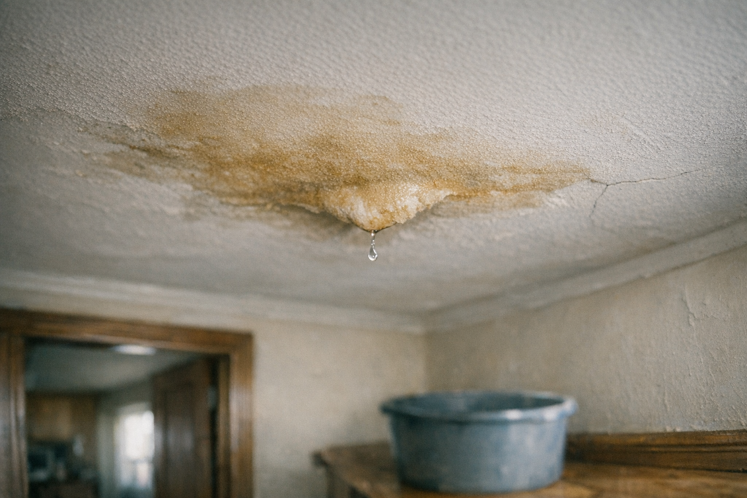 Brown water stain spreading across a white ceiling with an active ceiling leak dripping downward toward the floor