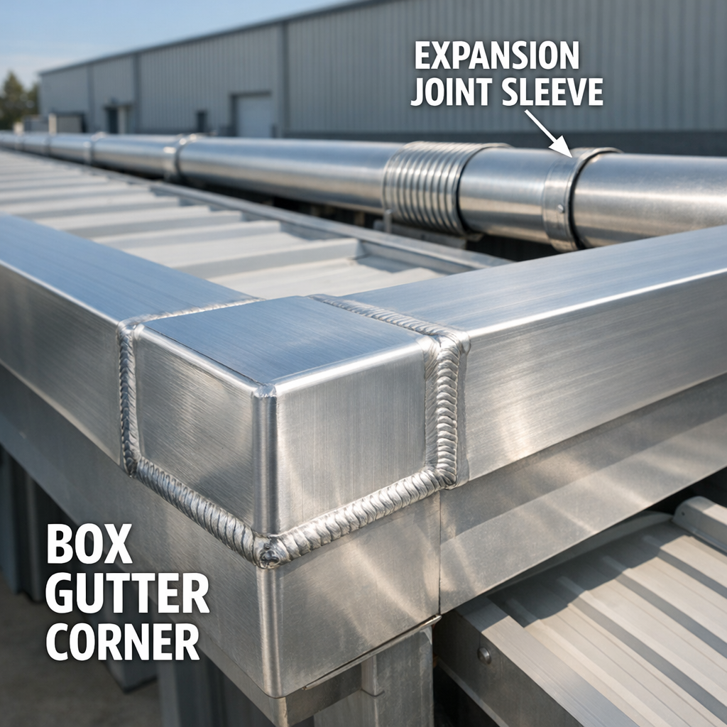 A close-up photograph of a properly fabricated commercial box gutter corner showing a welded aluminum joint on a warehouse or industrial building, with a visible expansion joint sleeve on a long gutter run in the same frame. Natural daylight, clean installation, no rust or sealant smearing visible.
