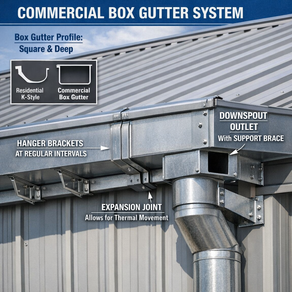 A close-up photograph of a properly installed commercial box gutter system on a metal building, showing hanger bracket placement at regular intervals, an expansion joint mid-run, and a downspout outlet with visible support bracing. The image should clearly show the difference in profile geometry compared to residential K-style gutters.