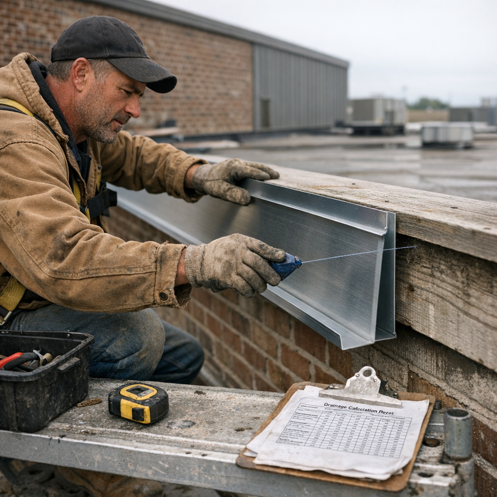 Professional commercial gutter installation with oversized downspouts and metal gutters on a large commercial building exterior