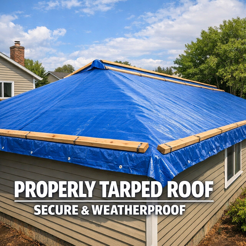 A ground-level photograph of a properly tarped low-slope residential roof in a residential neighborhood, showing lumber batting secured along the tarp edges, the tarp extending over the ridge, and the overall secured installation. The image should communicate professional workmanship and contrast clearly with a carelessly draped tarp.