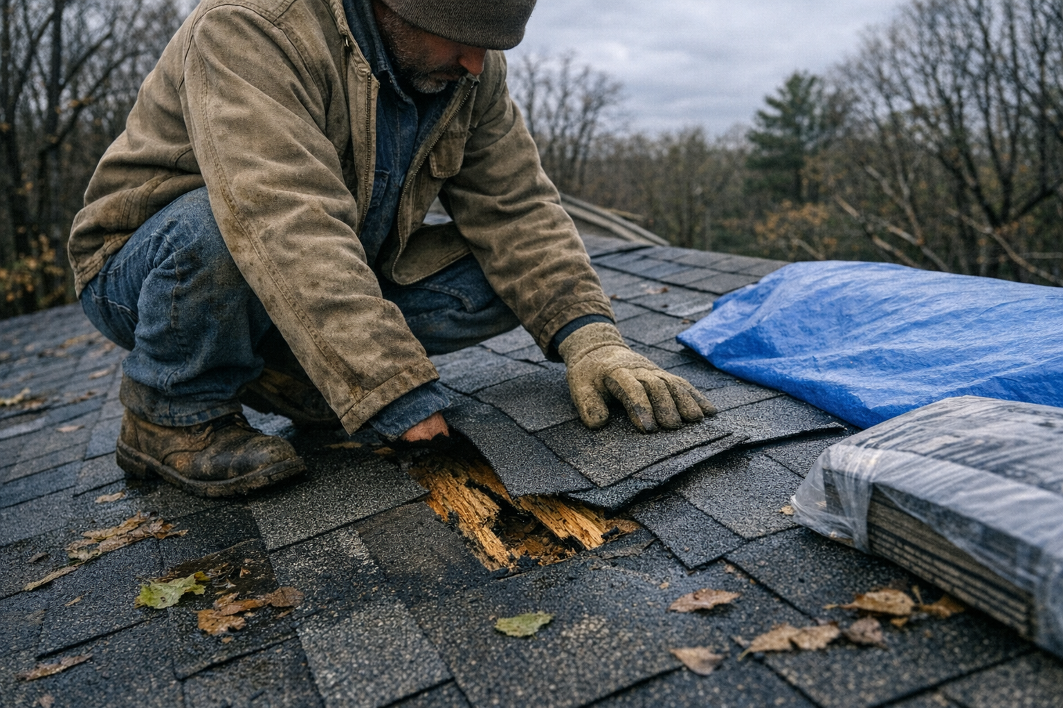 Emergency roof repair in King NC after storm damage, showing damaged shingles and protective tarping on a residential home.