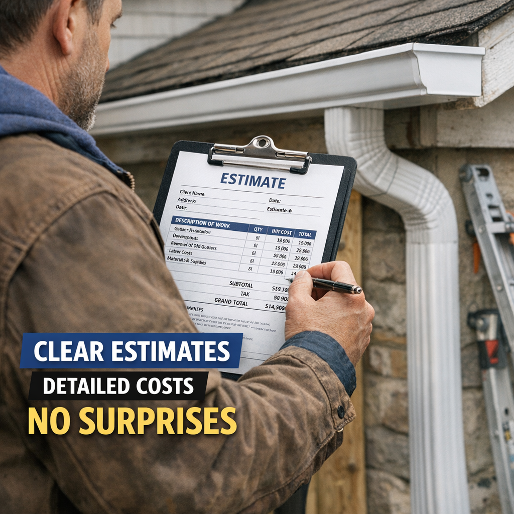 A close-up photo of a contractor reviewing a detailed written estimate on a clipboard at a residential job site, with a gutter installation visible in the background. The image should convey professionalism, transparency, and the importance of documentation — not a stock handshake photo.