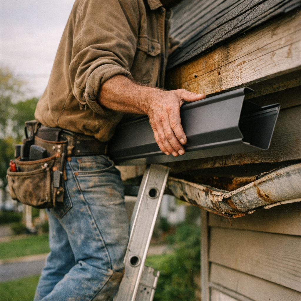 Professional gutter replacement near me showing newly installed aluminum gutters on a residential home's roofline and fascia.