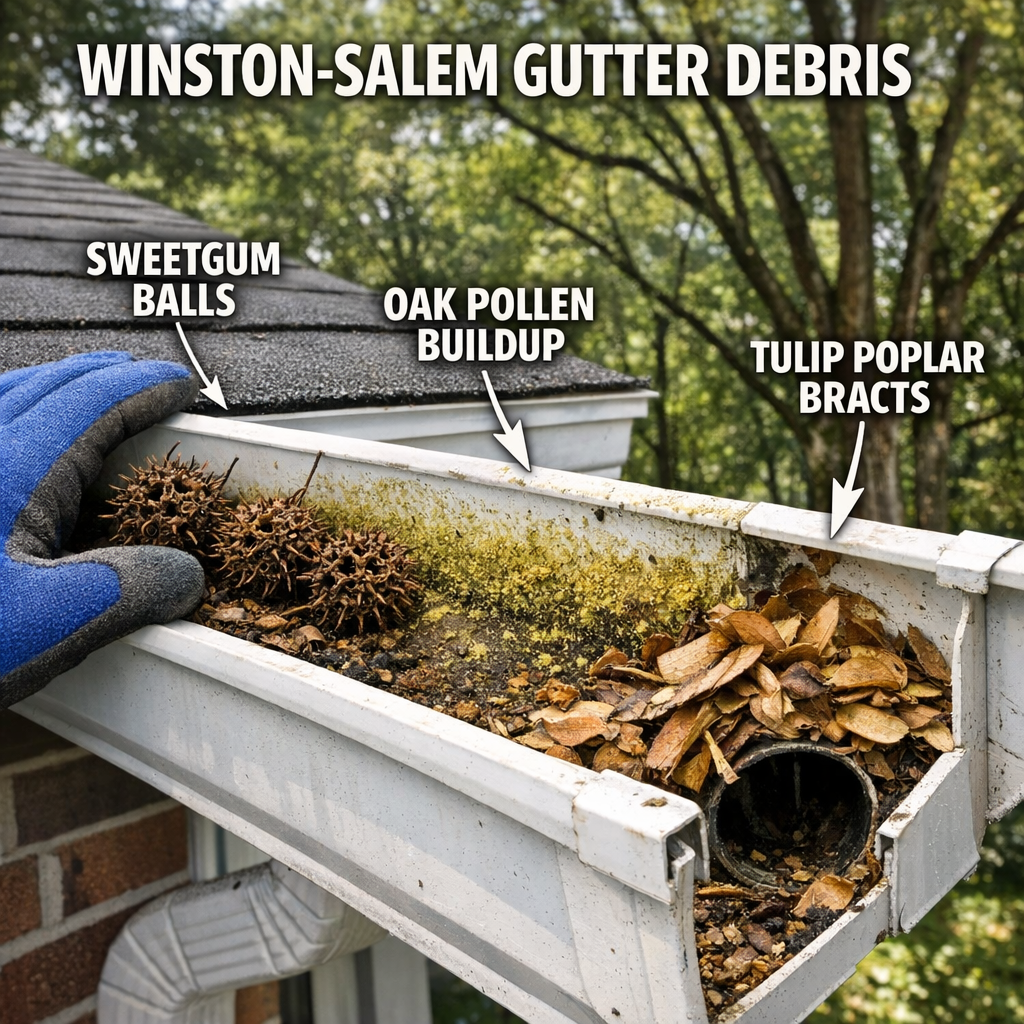 Close-up photograph of a cleaned residential gutter section in a Winston-Salem neighborhood, showing the range of debris specific to the region — sweetgum seed balls, oak pollen buildup along the inner gutter wall, and tulip poplar bract material collected at the downspout outlet. A gloved hand should be visible for scale, and a mature tree canopy should be visible in the background to establish environmental context.