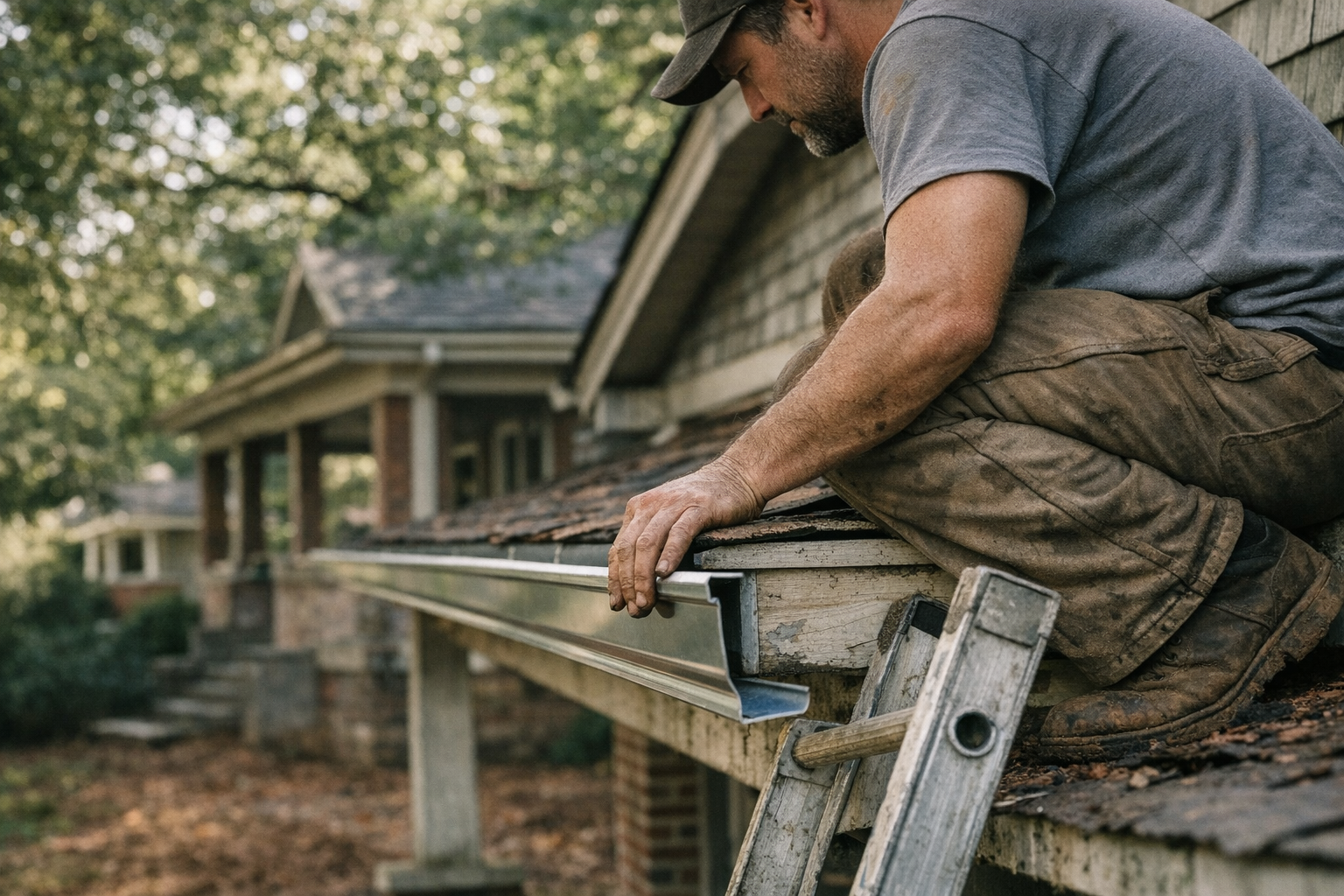 New gutters installed on a Winston-Salem home with Piedmont Triad landscaping showing proper sizing and fascia protection