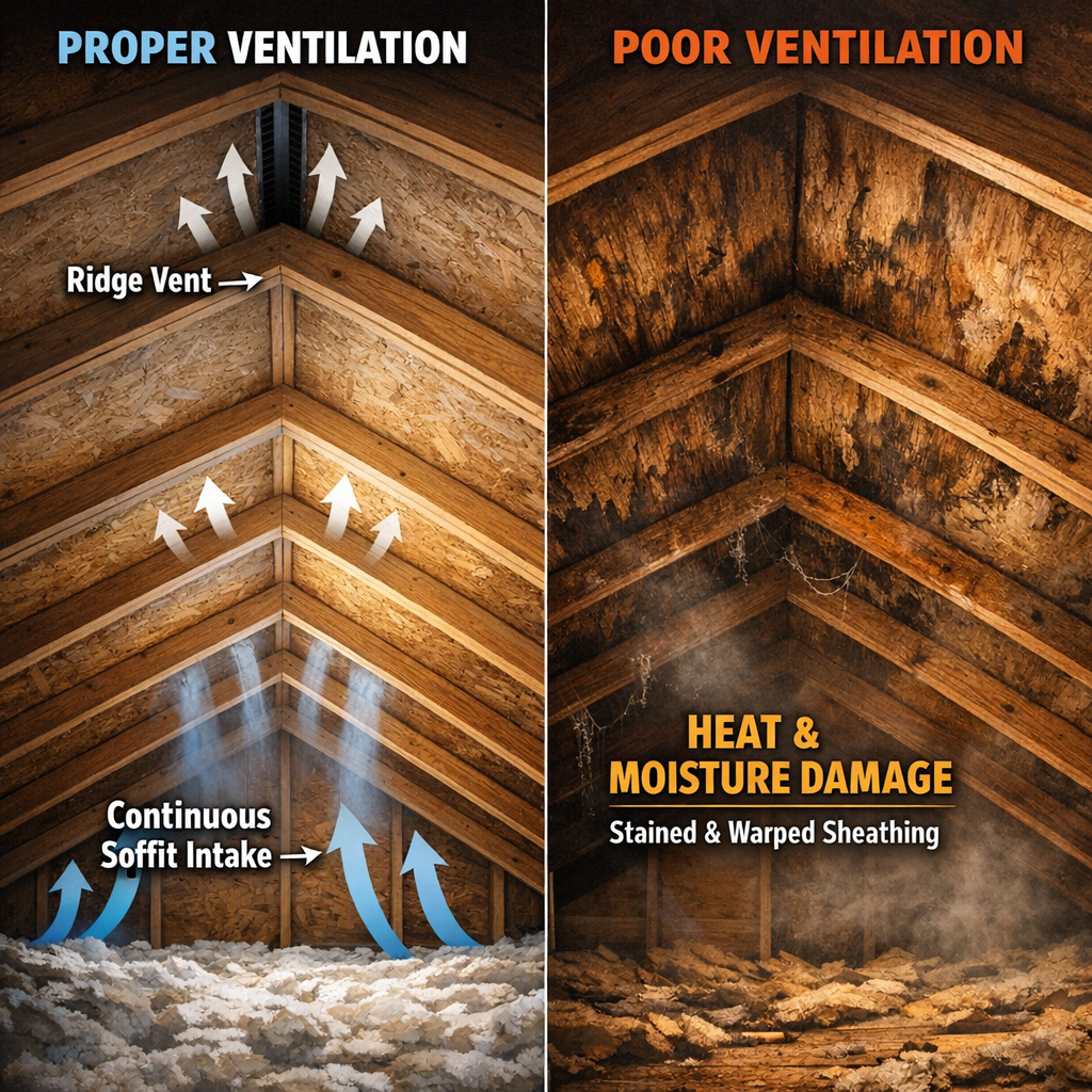 A side-by-side photo of a correctly ventilated attic with labeled ridge vents and continuous soffit intake compared to an under-ventilated attic showing signs of heat damage and moisture staining on the sheathing. Taken from inside the attic looking up toward the ridge. Use natural interior lighting to show the contrast clearly.
