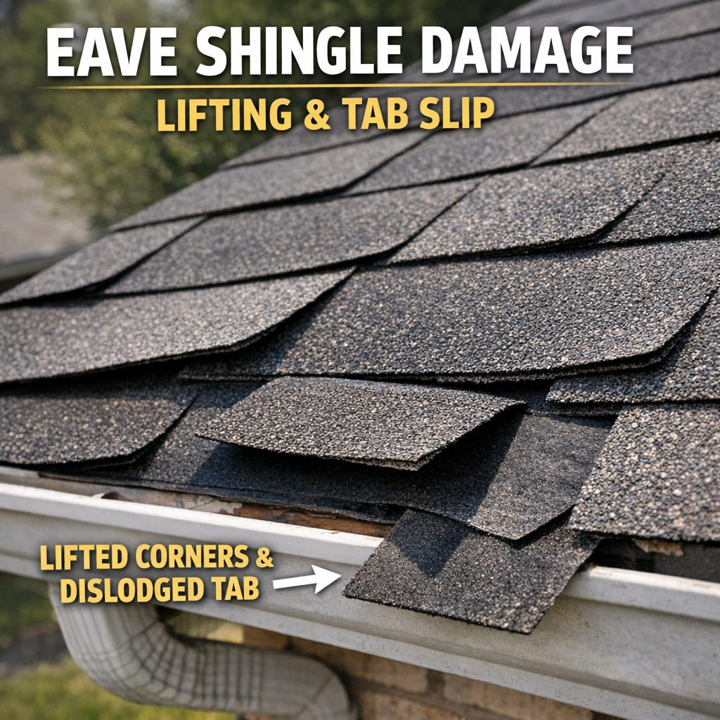 A close-up photograph of a residential roof showing the beginning stages of progressive tab lifting at an eave zone — several shingles with visible lifted corners and one fully dislodged tab exposing the felt underlayment below, shot from a ladder-height angle in natural light to show the three-dimensional separation clearly.