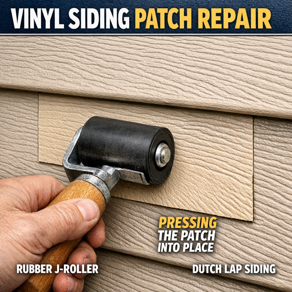 Close-up photograph of a vinyl siding patch repair being pressed into a Dutch lap texture profile using a rubber J-roller, showing the roller making firm, even contact with the patch surface and the existing panel's lap line visible above the repair area.