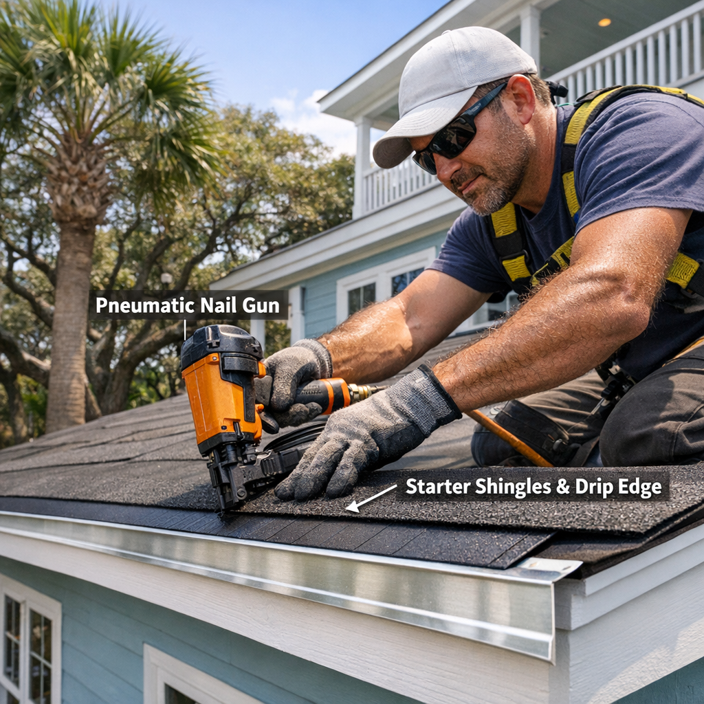 "A ground-level photograph looking up at a Wilmington residential roof undergoing repair, showing a roofing contractor actively working at the eave/perimeter zone with a pneumatic nail gun, with visible coastal vegetation (live oaks or palmettos) and characteristic southeastern NC residential architecture in the background. The focus should show the detail work at the roof eave edge where roofing drip edge metal and starter shingle course installation is visible."
