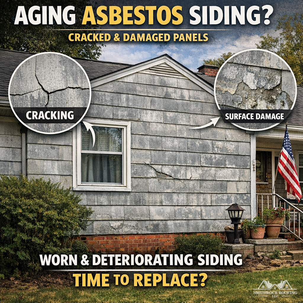 A photograph of a mid-century residential home in a Triad NC neighborhood (such as a Winston-Salem or Greensboro established subdivision) showing weathered asbestos cement siding panels. The image should show the characteristic flat or faux-slate texture of the panels, with visible weathering, and ideally some areas of cracking or surface deterioration to illustrate condition concerns for homeowners.