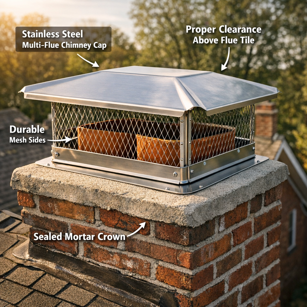 A close-up photograph of a properly installed stainless steel multi-flue chimney cap on a brick chimney typical of a pre-1950 Winston-Salem home, showing clear mesh sides, proper clearance above the flue tile, and a well-maintained mortar crown below the cap. Late afternoon natural light, rooftop perspective.