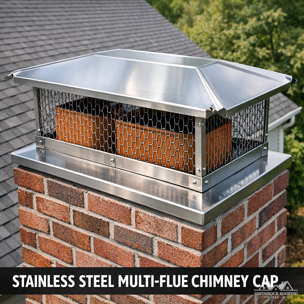 A close-up photograph of a properly installed stainless steel multi-flue chimney cap on a brick masonry chimney, photographed from slightly above at a 45-degree angle. The image should clearly show the mesh screen, the cap top, and the flue tile beneath, with a residential roofline visible in the background. Natural daylight, clean and professional framing.