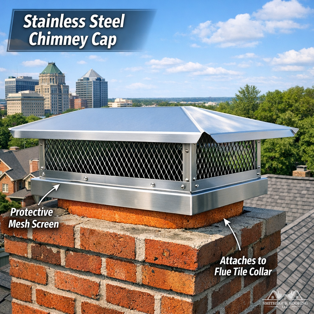 Close-up photograph of a properly installed stainless steel chimney cap on a brick masonry chimney, showing the mesh skirt, solid top, and flue tile collar mounting — taken from a rooftop perspective with the Greensboro skyline or residential roofscape visible in the background.