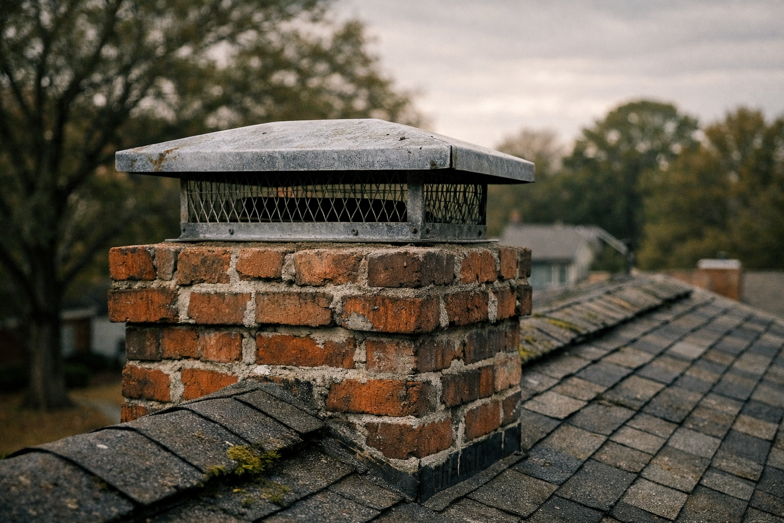 Professionally installed chimney cap on a Greensboro NC home protecting the flue from rain, animals, and debris