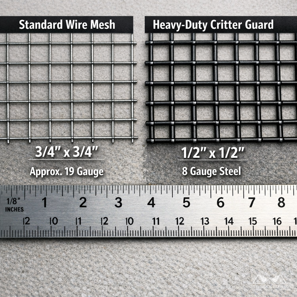 A close-up photograph showing two side-by-side chimney cap mesh samples — one standard residential wire mesh and one heavy-gauge reinforced critter guard mesh — laid on a neutral surface with a ruler alongside to illustrate the difference in wire gauge and opening size. Clear, natural lighting with sharp detail on the wire structure.