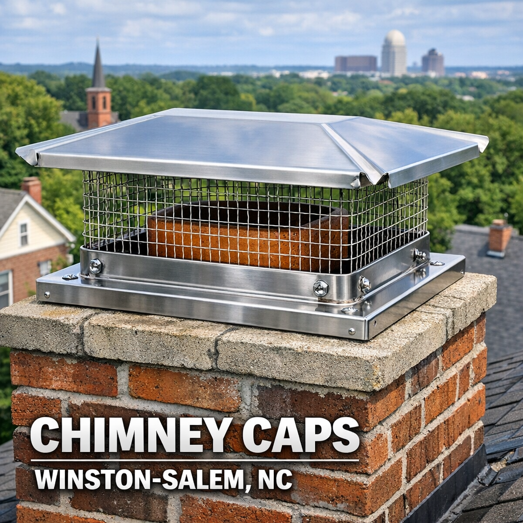 A close-up photograph of a properly installed stainless steel chimney cap on a brick masonry chimney, showing the cap elevated above the clay tile flue liner with visible mesh screening, taken from a rooftop vantage point with a residential Winston-Salem neighborhood visible in the background.