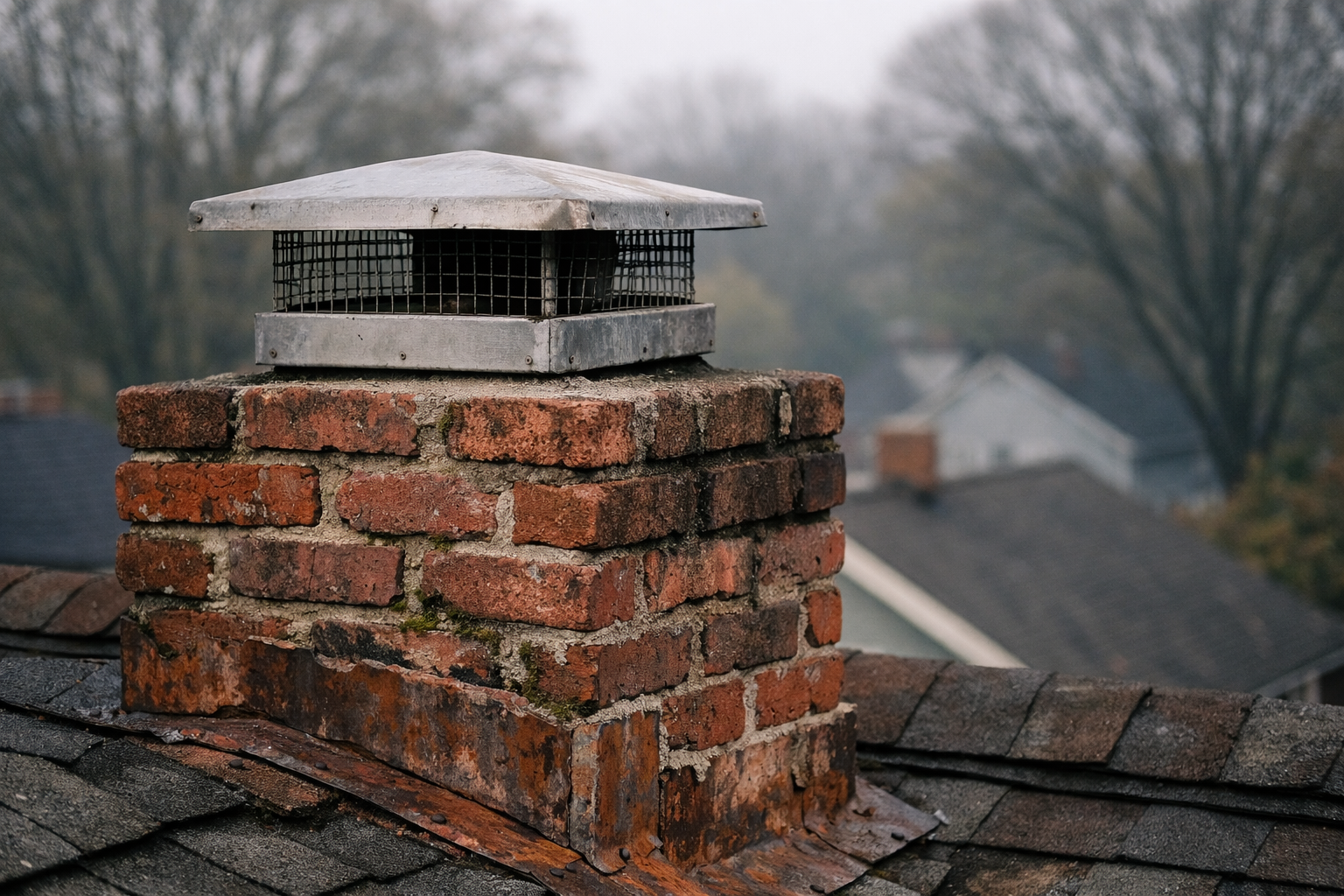 Chimney cap installed on a brick masonry chimney in Winston-Salem NC protecting the flue from rain and debris