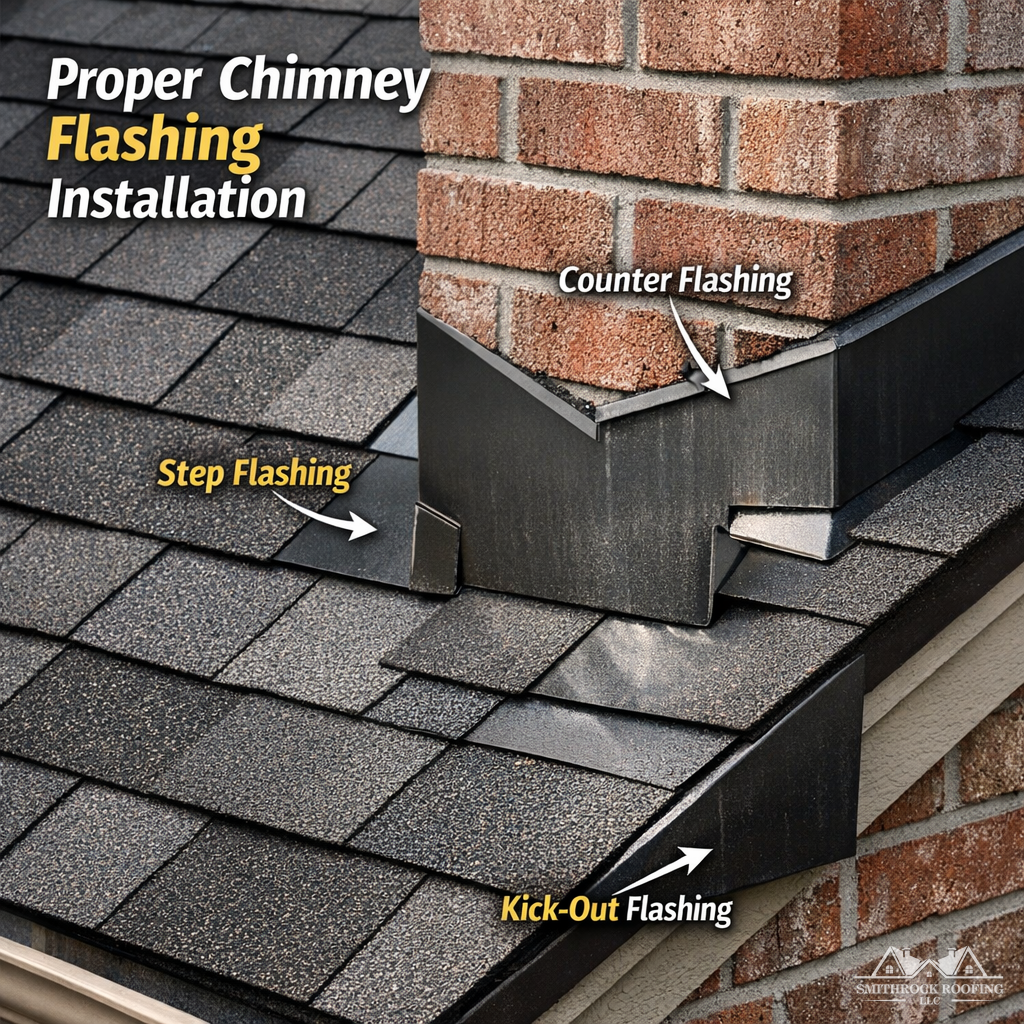 A close-up photograph of a properly installed two-piece chimney flashing system on a residential roof, showing step flashing integrated with shingle courses and counterflashing cut into mortar joints, with kick-out flashing visible at the base of the chimney sidewall. The chimney and shingles should be in good condition, with clean, professional workmanship visible. Ideal for illustrating proper installation standards.