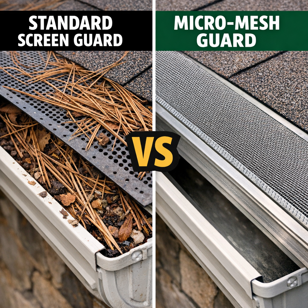 A side-by-side photograph comparing a gutter section with accumulated pine needles beneath a standard screen guard on the left, and a clean gutter with a properly installed stainless micro-mesh guard on the right, taken from a close-up overhead angle to show the debris difference clearly.