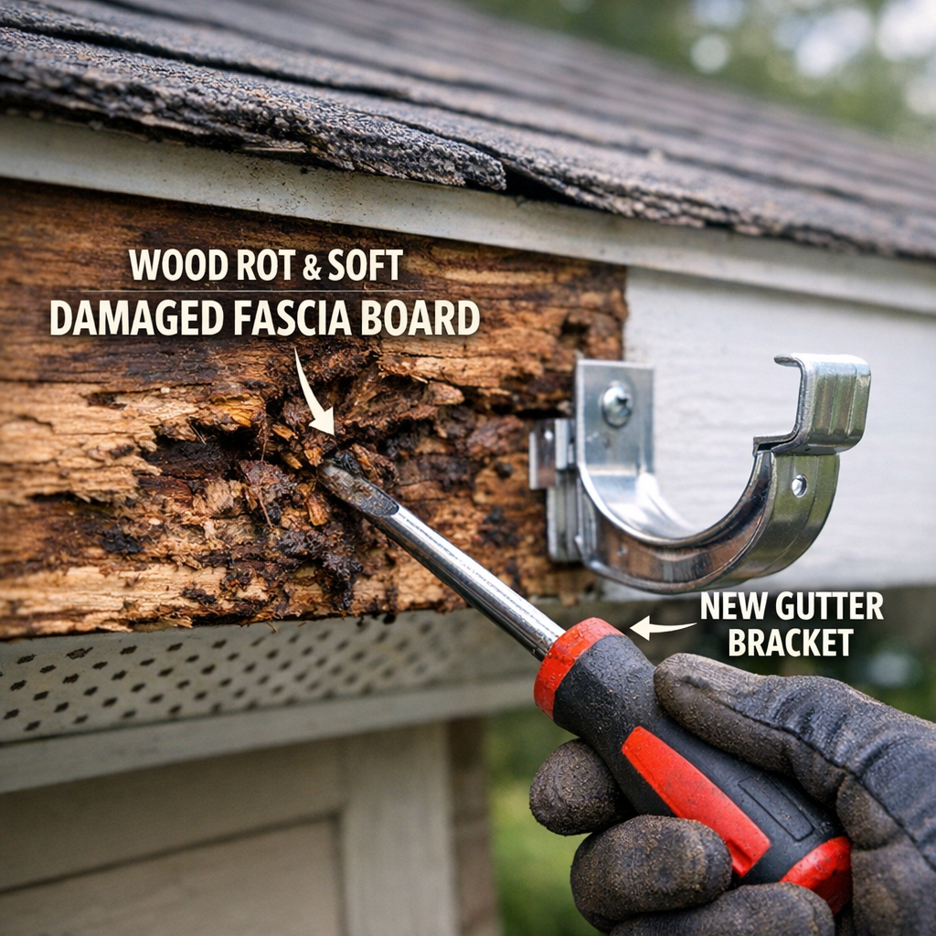 "A close-up photo of a roofing fascia board (the wooden trim board behind the gutters) being assessed with a screwdriver, showing visible wood rot and soft wood fiber around the probe point, with a new gutter bracket positioned nearby for comparison. Natural exterior lighting, residential home setting."
