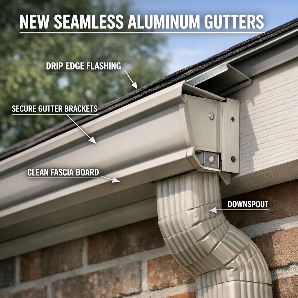 A close-up, ground-level photograph taken at the roofline of a residential home showing a newly installed seamless aluminum K-style gutter in a neutral tone, with a downspout visible and clean fascia boards exposed behind the gutter. The image should show the gutter bracket hardware, the tight fit against the fascia, and the drip edge flashing visible at the roof edge above the gutter. Natural daylight, no filters.