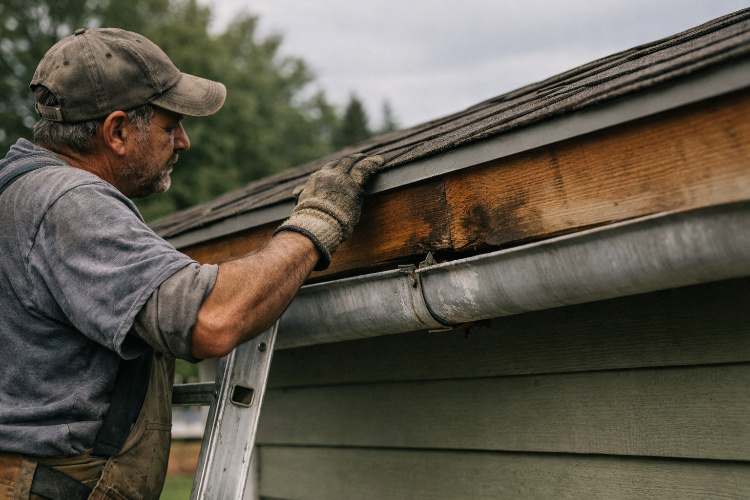 Close-up of a gutter replacement installation showing new aluminum gutters attached to fascia board along a roofline.