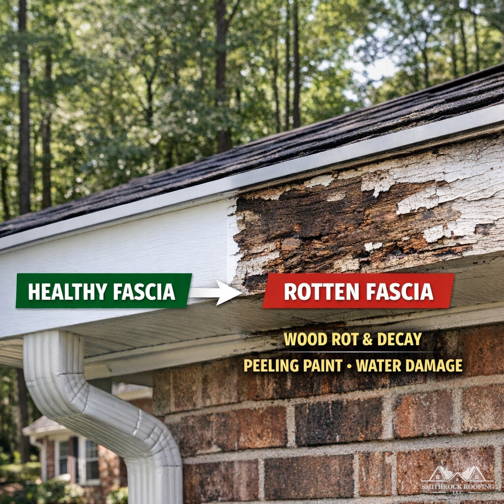 A close-up photograph of a residential roofing fascia board (the horizontal trim board running along the roof's edge where gutters attach) showing the contrast between a healthy, painted, firm section and an adjacent section with visible wood rot, paint failure, and water staining — taken at a home in a wooded suburban setting consistent with Winston-Salem neighborhoods.