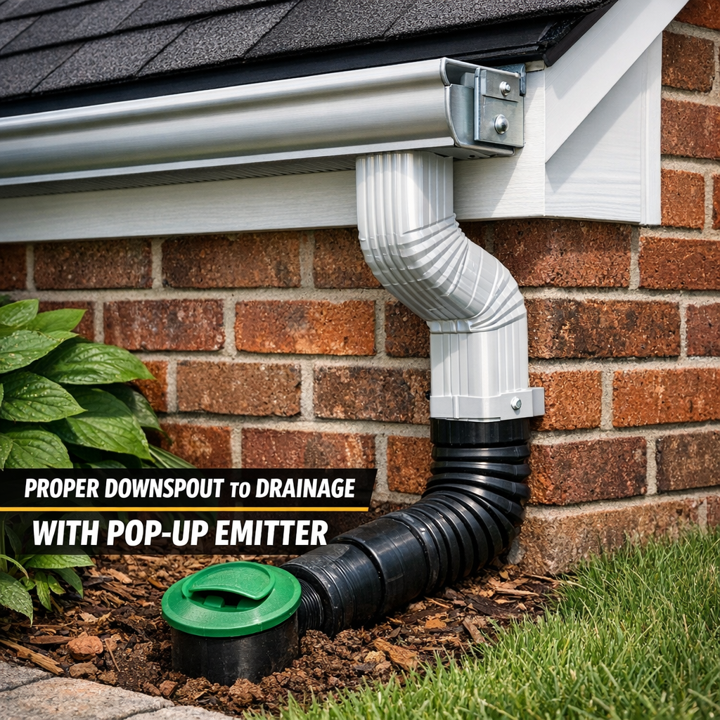 "A close-up photo of a properly installed seamless aluminum rain gutter on a brick residential home in Greensboro, NC, showing a hidden hanger bracket visible from the front, a downspout transitioning to an underground drainage extension with a pop-up emitter at ground level, and healthy roofing fascia boards behind the gutter. The image should communicate professional installation quality and proper downspout termination in a real residential context."