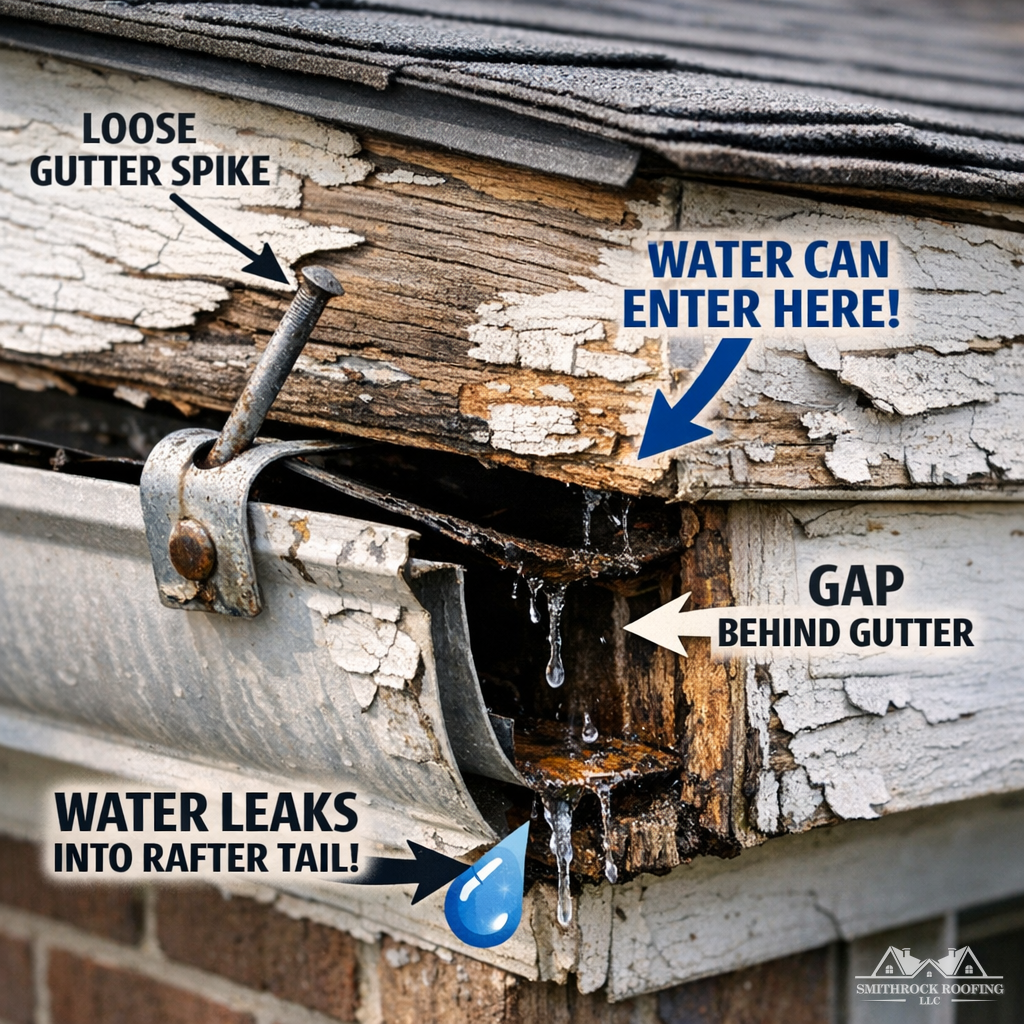 A close-up photograph of a wood roofing fascia board (the vertical trim board running along the roof eave) on a 1950s–1960s era High Point home, showing a spike-and-ferrule gutter hanger that has partially pulled away from the board, with visible paint peeling and a gap between the gutter back and the roofing fascia face. The image should clearly illustrate the water infiltration pathway this gap creates at the rafter tail level.