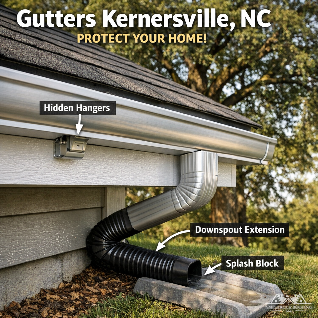 A close-up photograph of a newly installed seamless aluminum gutter on a Kernersville-area home, showing clean roofing fascia boards (the flat wooden trim boards running along the roof edge), properly spaced hidden hangers, and a downspout extension directing water away from the foundation onto a splash block. A mature oak tree should be visible in the background, providing context for the debris management discussion.